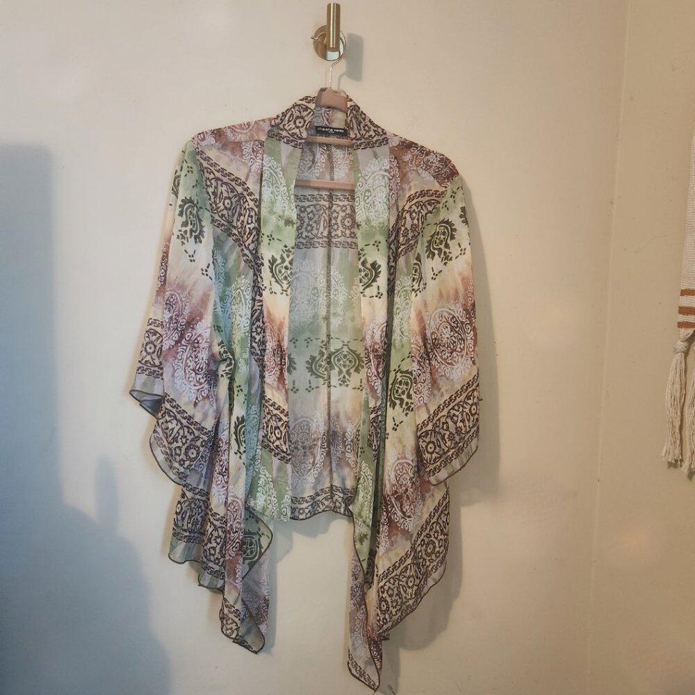 Cha Cha Vente Boho Waterfall Cardigan | Size L | Green Brown Cream Sheer Flowy